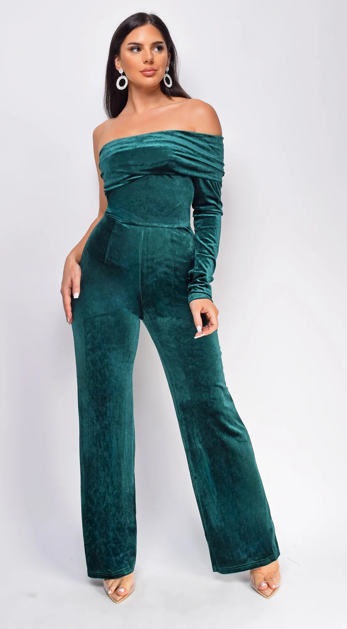 Nightfall One Shoulder Velvet Jumpsuit Green