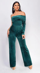 Nightfall One Shoulder Velvet Jumpsuit Green