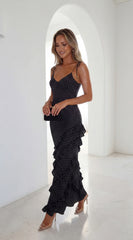 Olivara Polka Dot Ruffle Maxi Dress Black