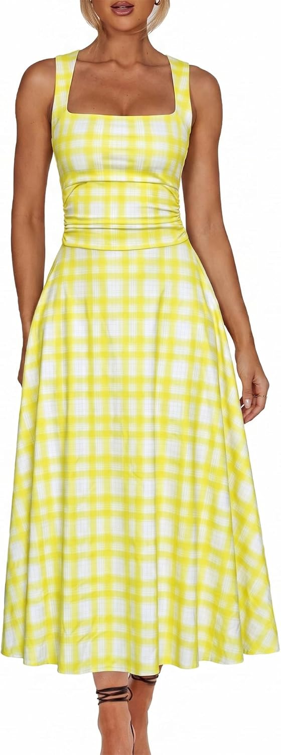 A Line Maxi Dress Ruffle Ruched Waist Flowy Long Dresses