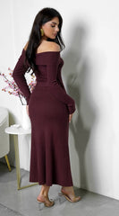 Zoya Off Shoulder Ribbed Midi Dress Brown