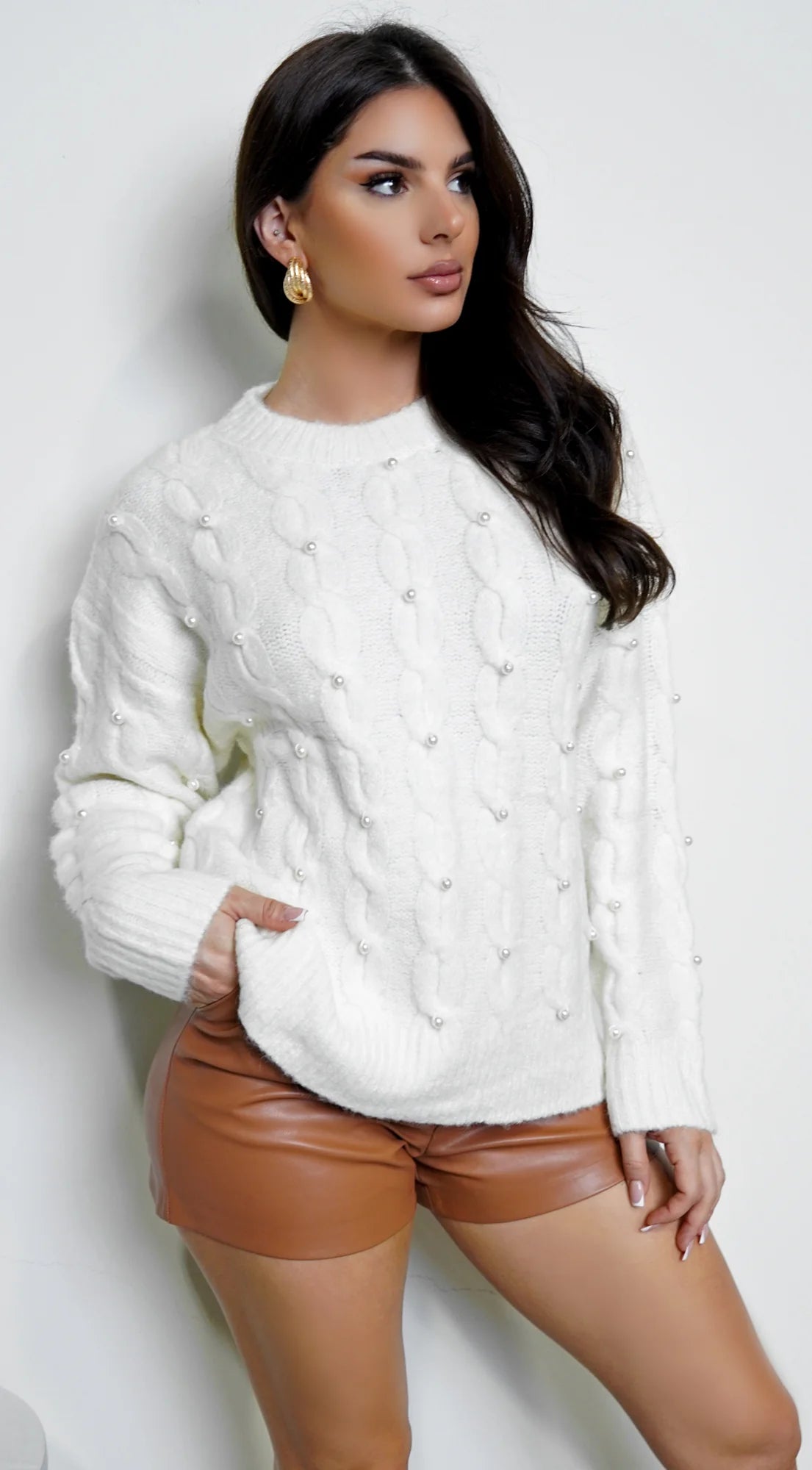 Leli Pearl Cable Detail Sweater Top Cream