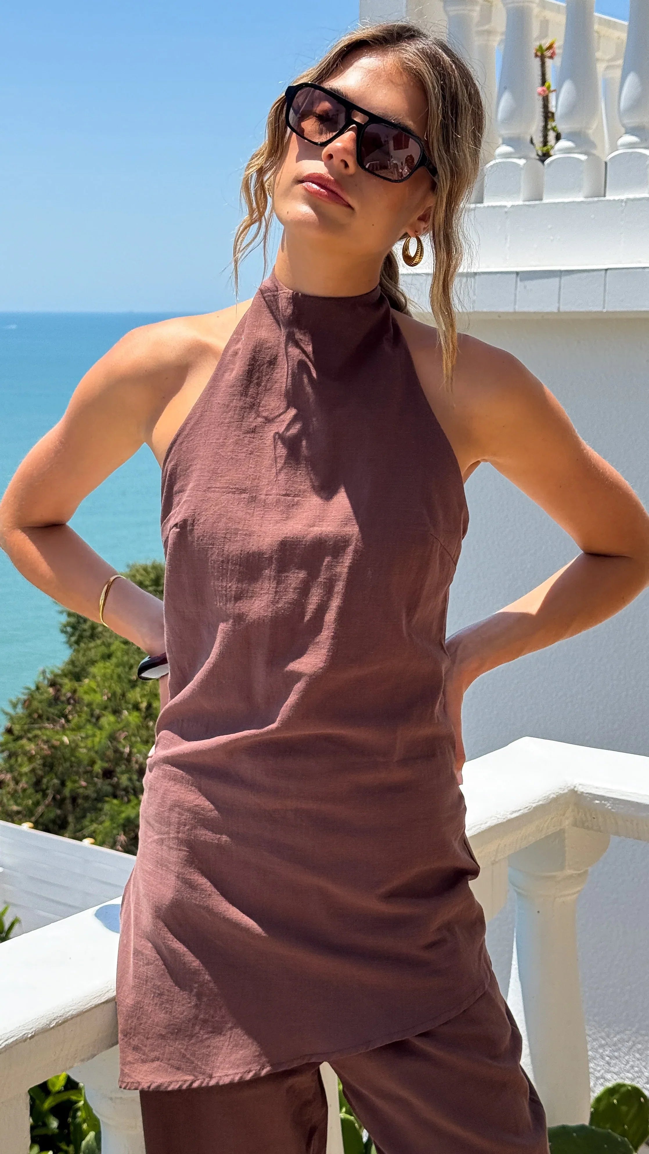 Clover Halter Top and Pants Set Brown