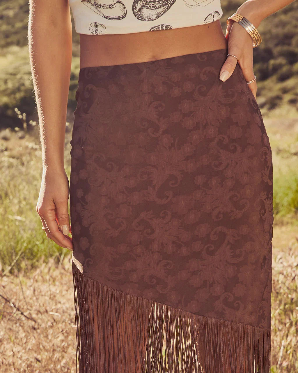 Rustic Outlaw Fringe Satin Jacquard Midi Skirt