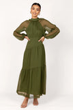 Julip Sheer Long Sleeve Maxi Dress Olive