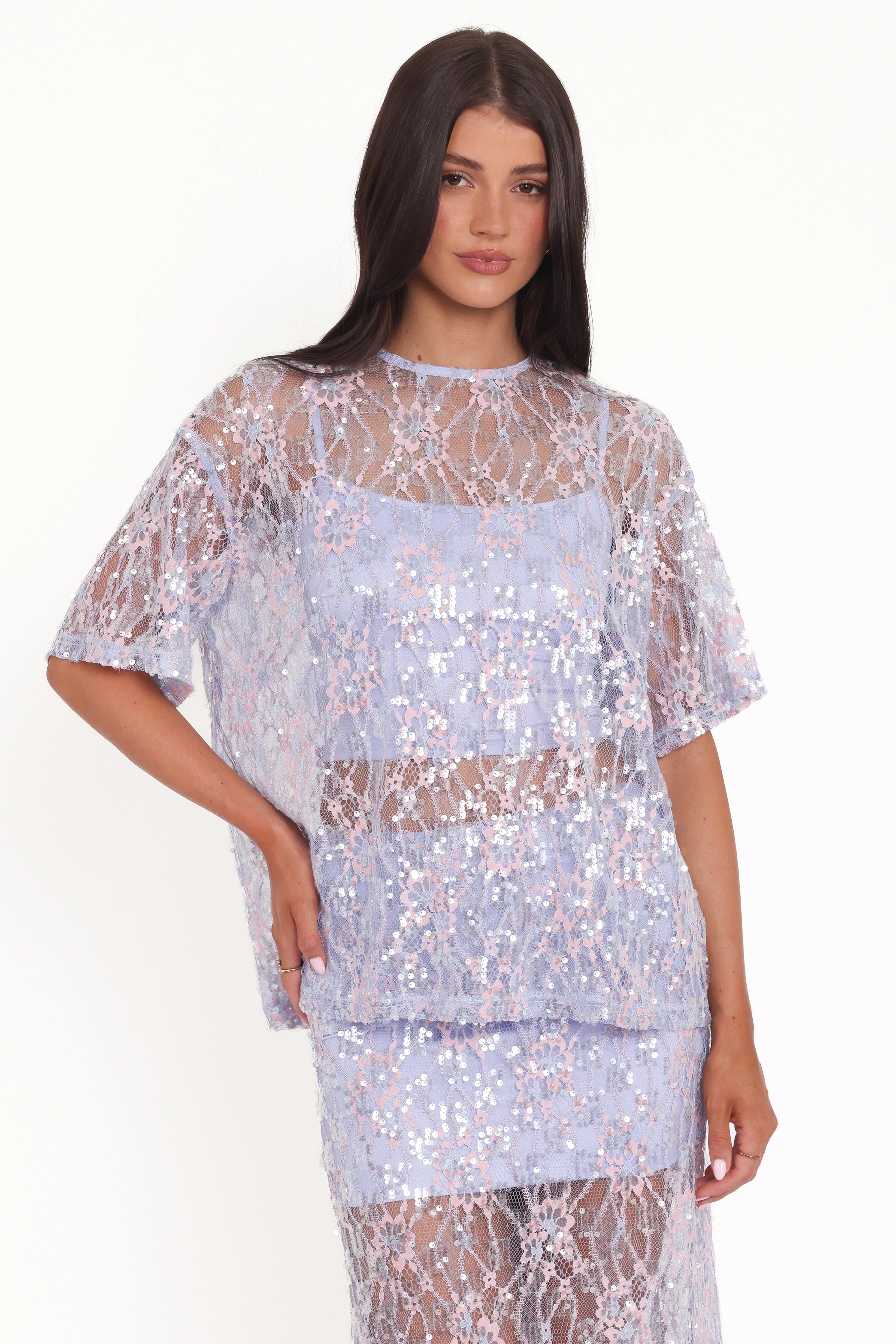 Yonder Sheer Lace Tee Top Purple