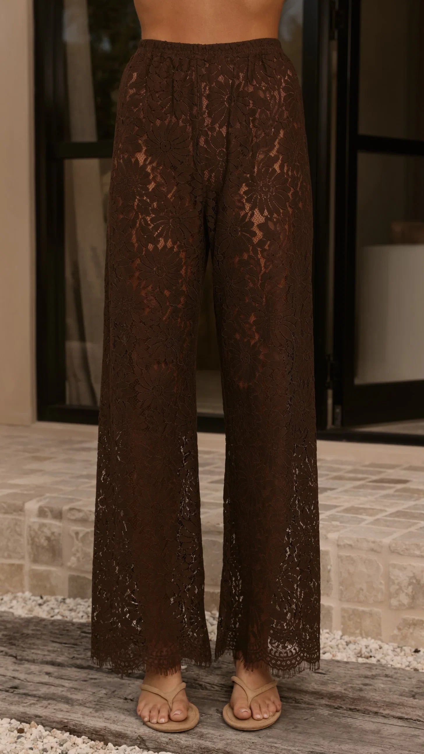 Ebony Asymmetrical Lace Top Pants Set Brown