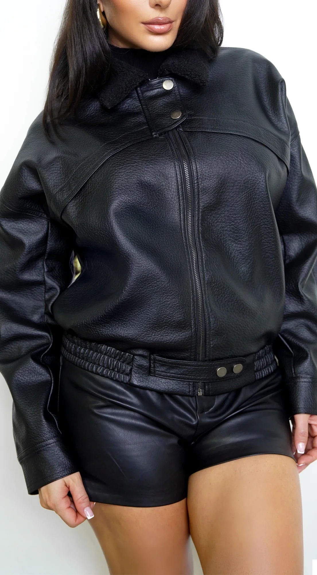 Rhéa Shearling Collar PU Leather Jacket Black
