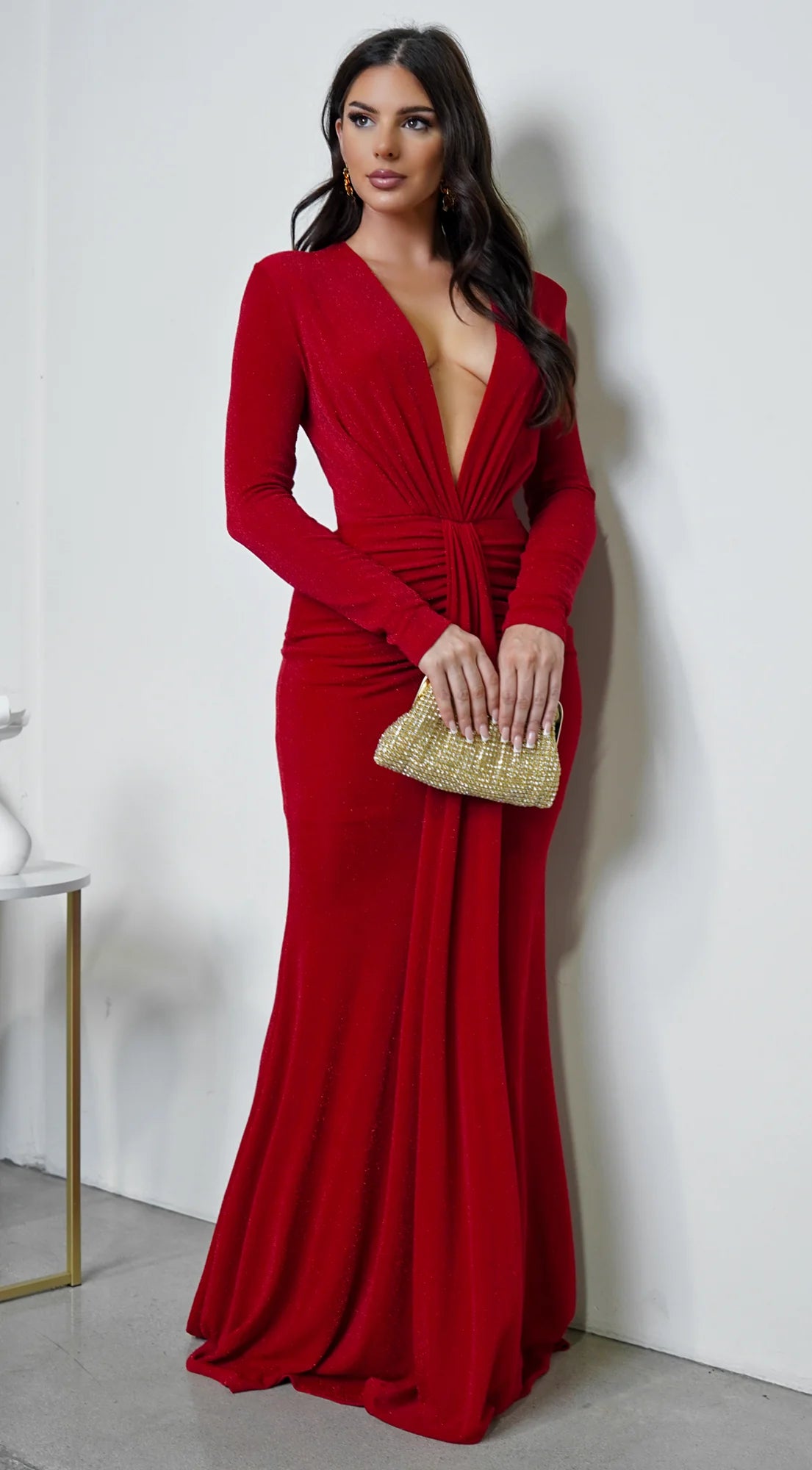 Leilani Metallic Ruched Deep V Maxi Dress Red