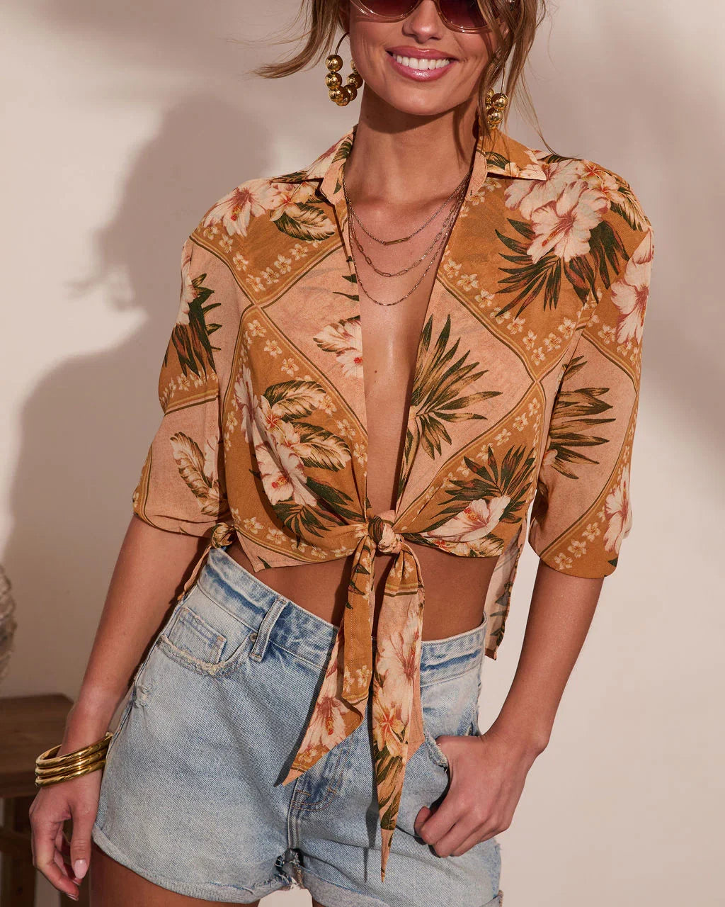 Mediterranean Muse Floral Front Tie Top