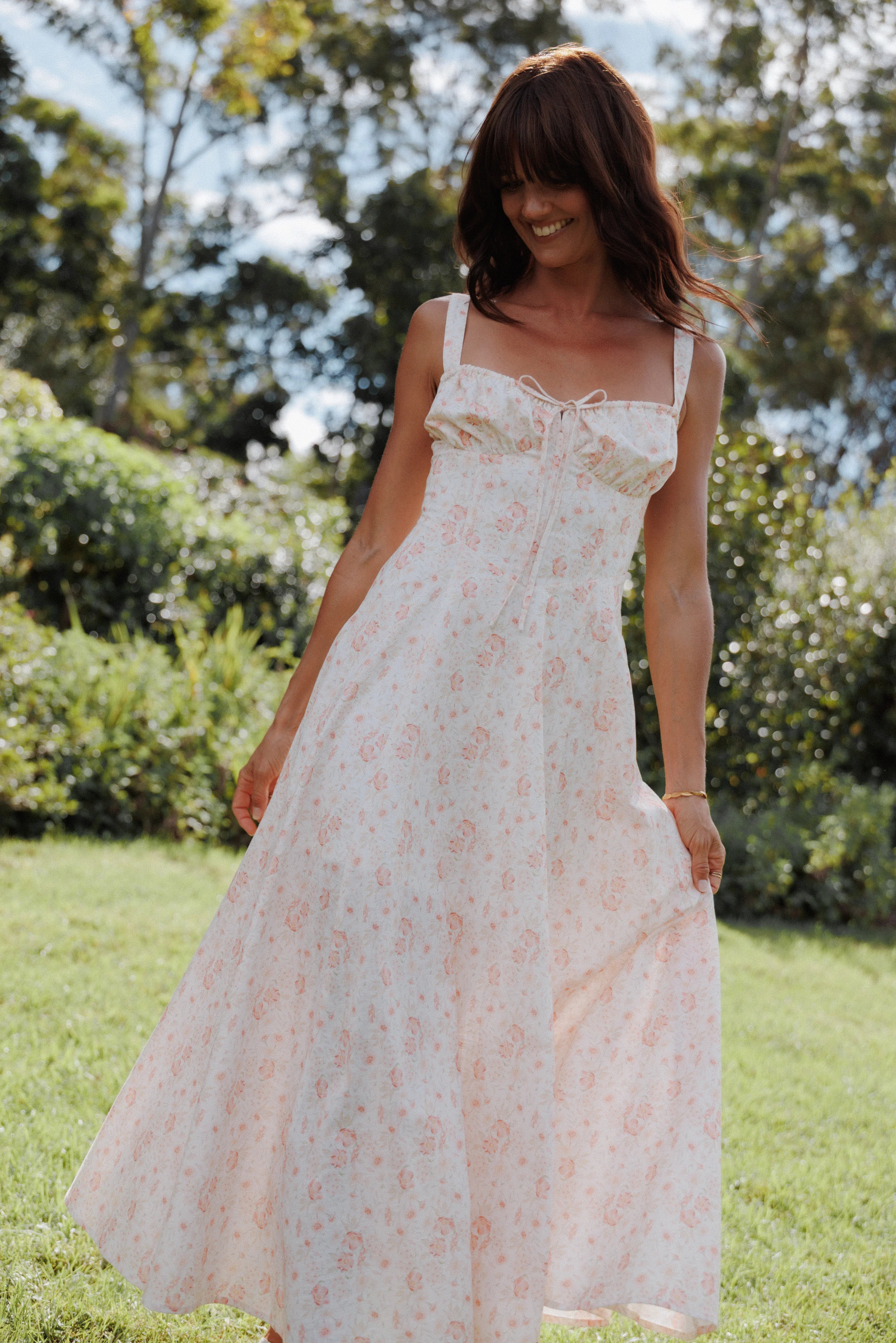 Wisteria Midi Dress Peach Ditsy Floral