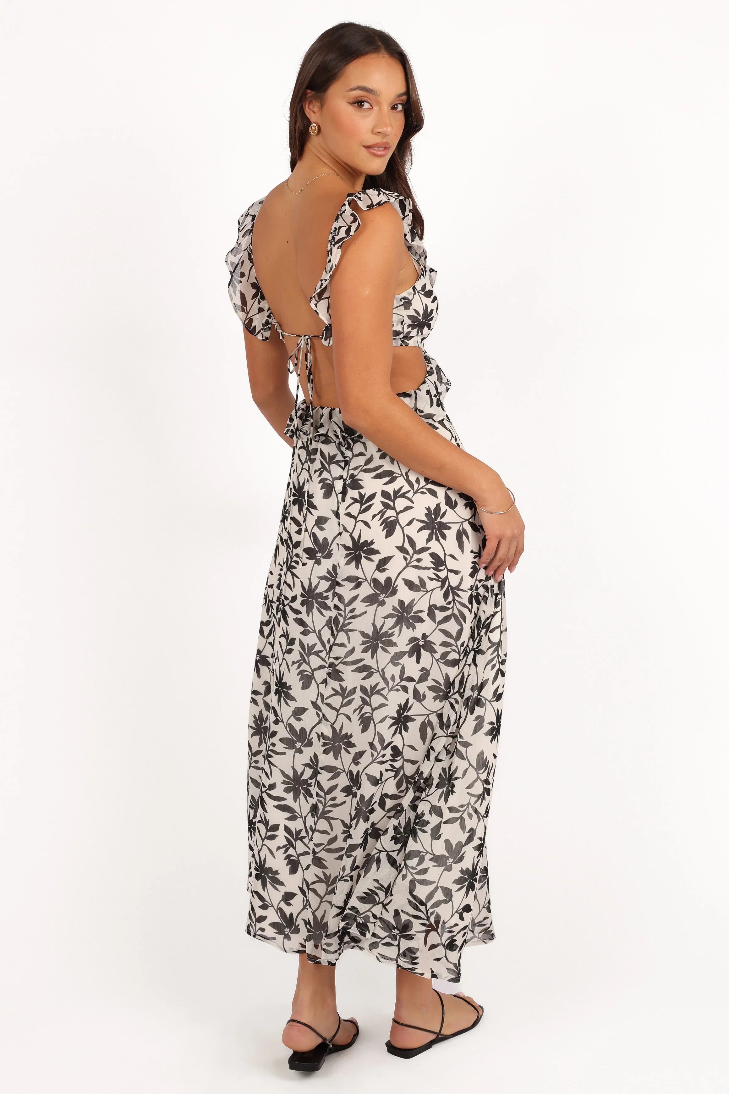 Rori Ruffle Maxi Dress White Black Floral