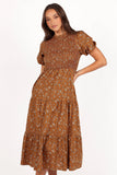 Naura Shirred Tiered Midi Dress Cognac Floral