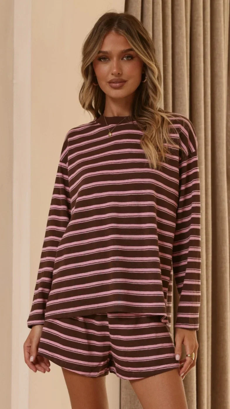 Harla Long Sleeve Top Shorts Set Pink Brown Stripe