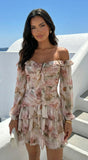Sorrento Garden Floral Off Shoulder Ruffle Mini Dress Beige Multi