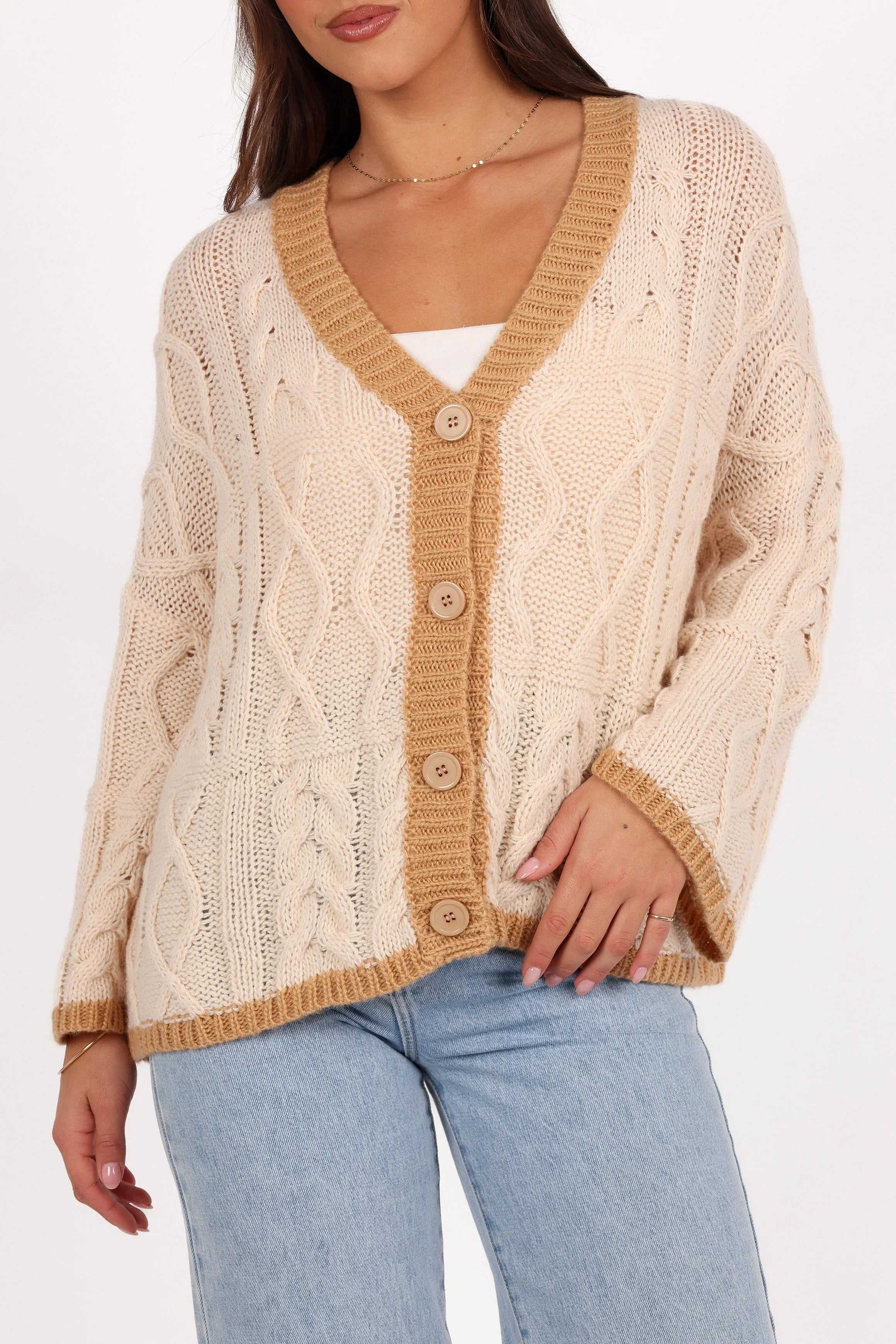 Zina Contrast Cardigan Tan
