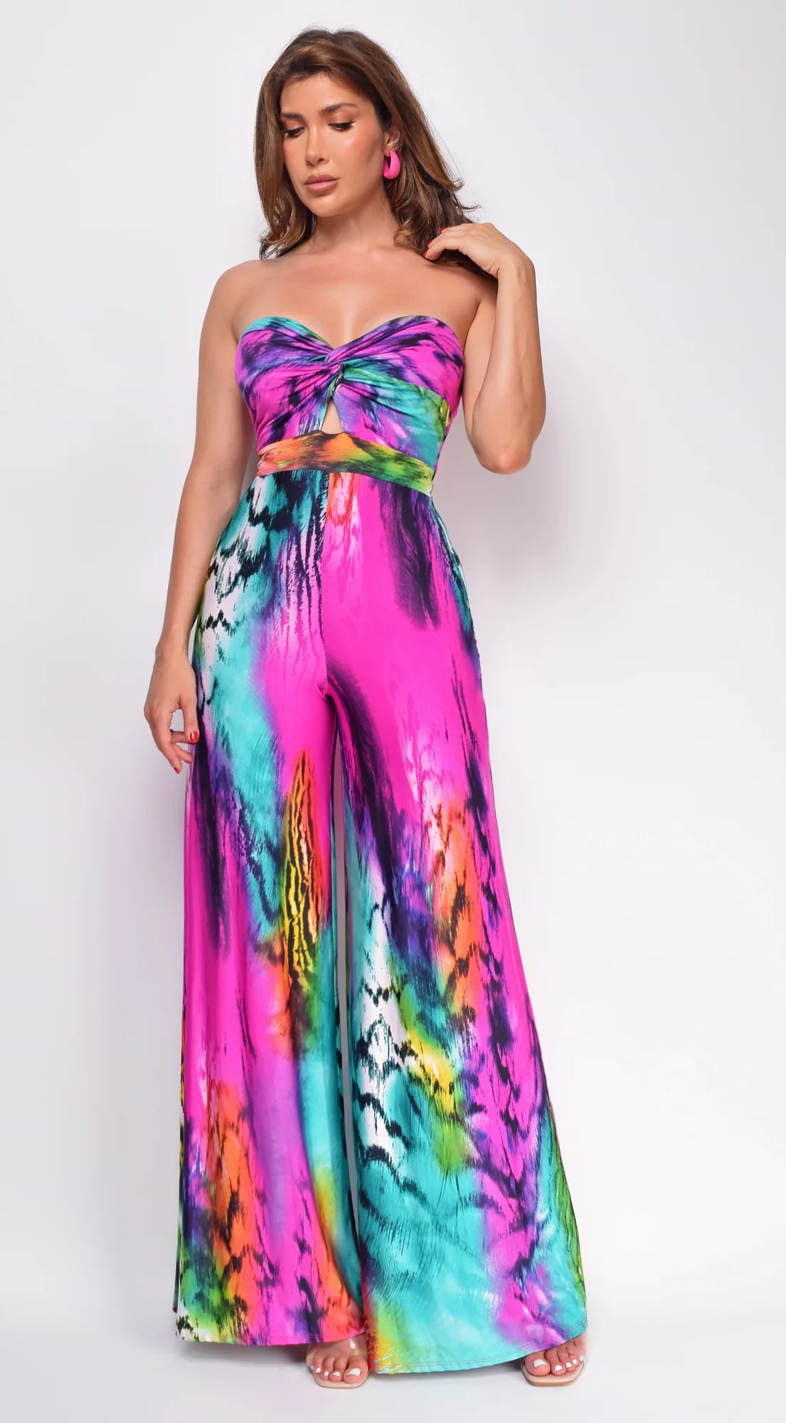 Sayla Multi Print Color Strapless Jumpsuit Pink Multi