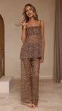 Zarina Sequin Long Line Top and Pants Set Mocha