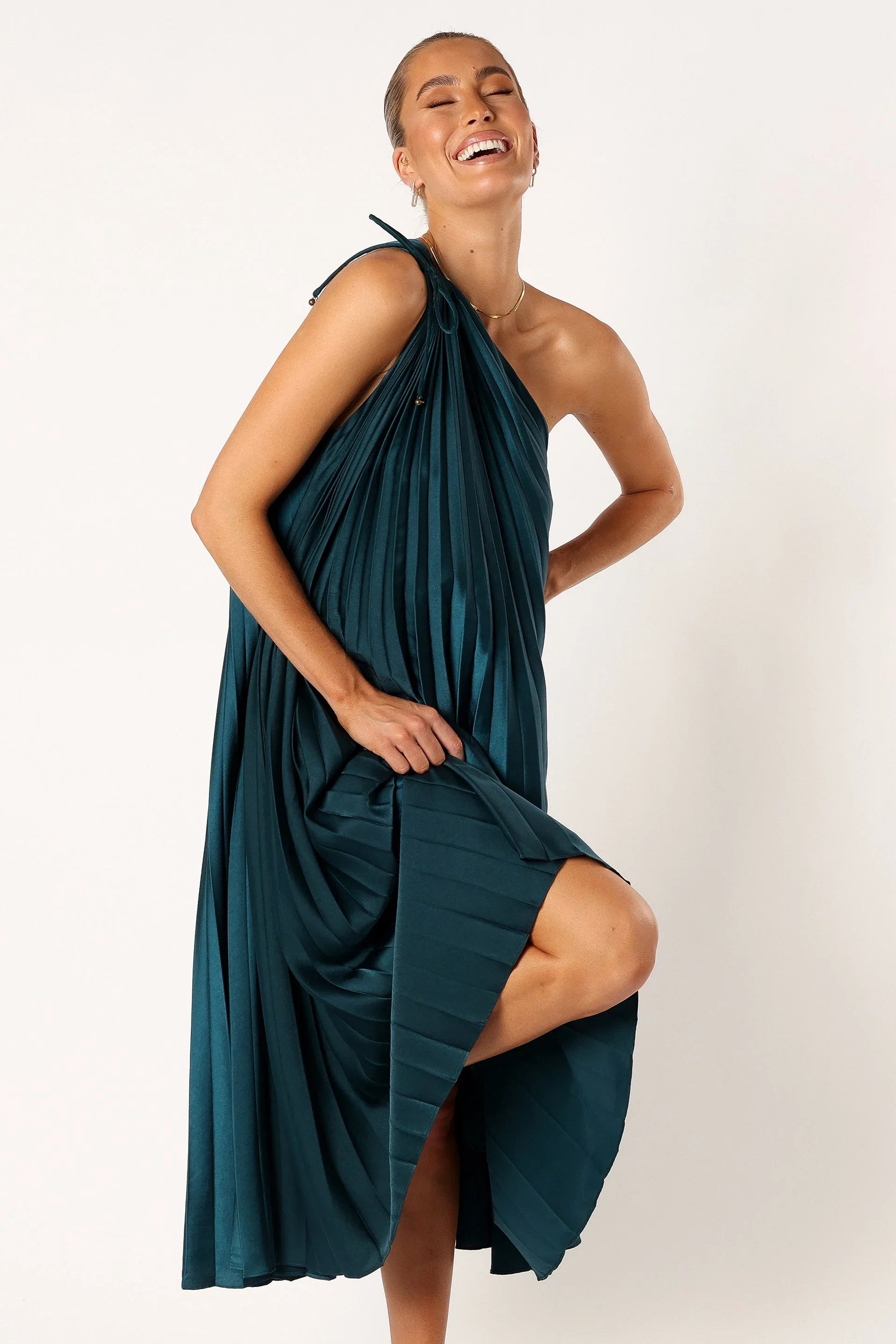 Selena One Shoulder Midi Dress Emerald