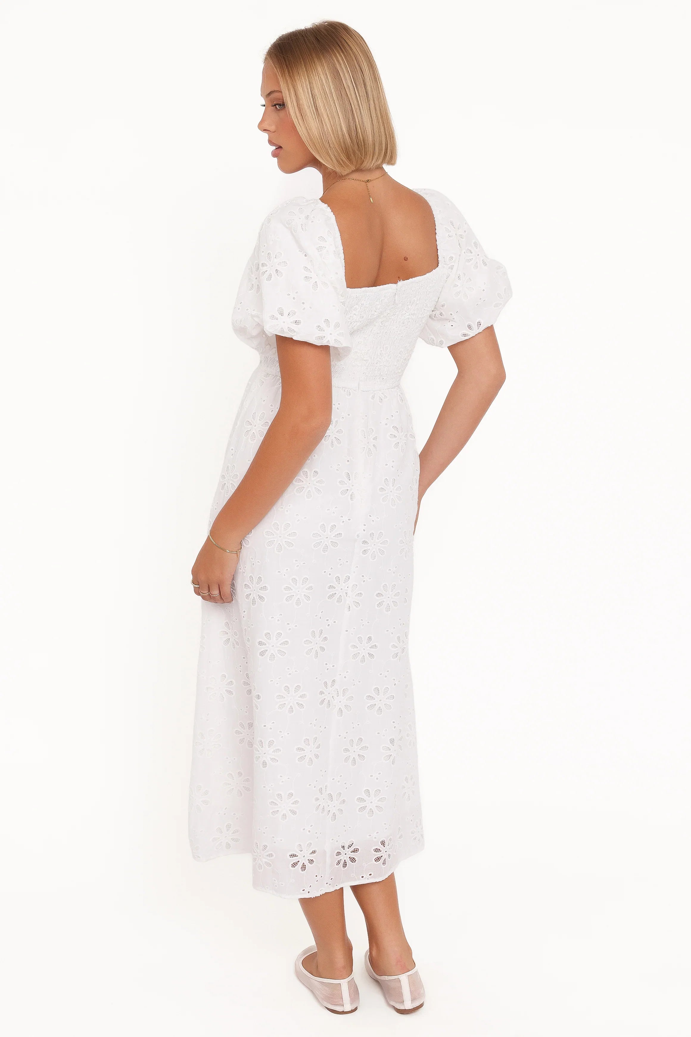 Clo Puff Sleeve Midi Dress White Broderie