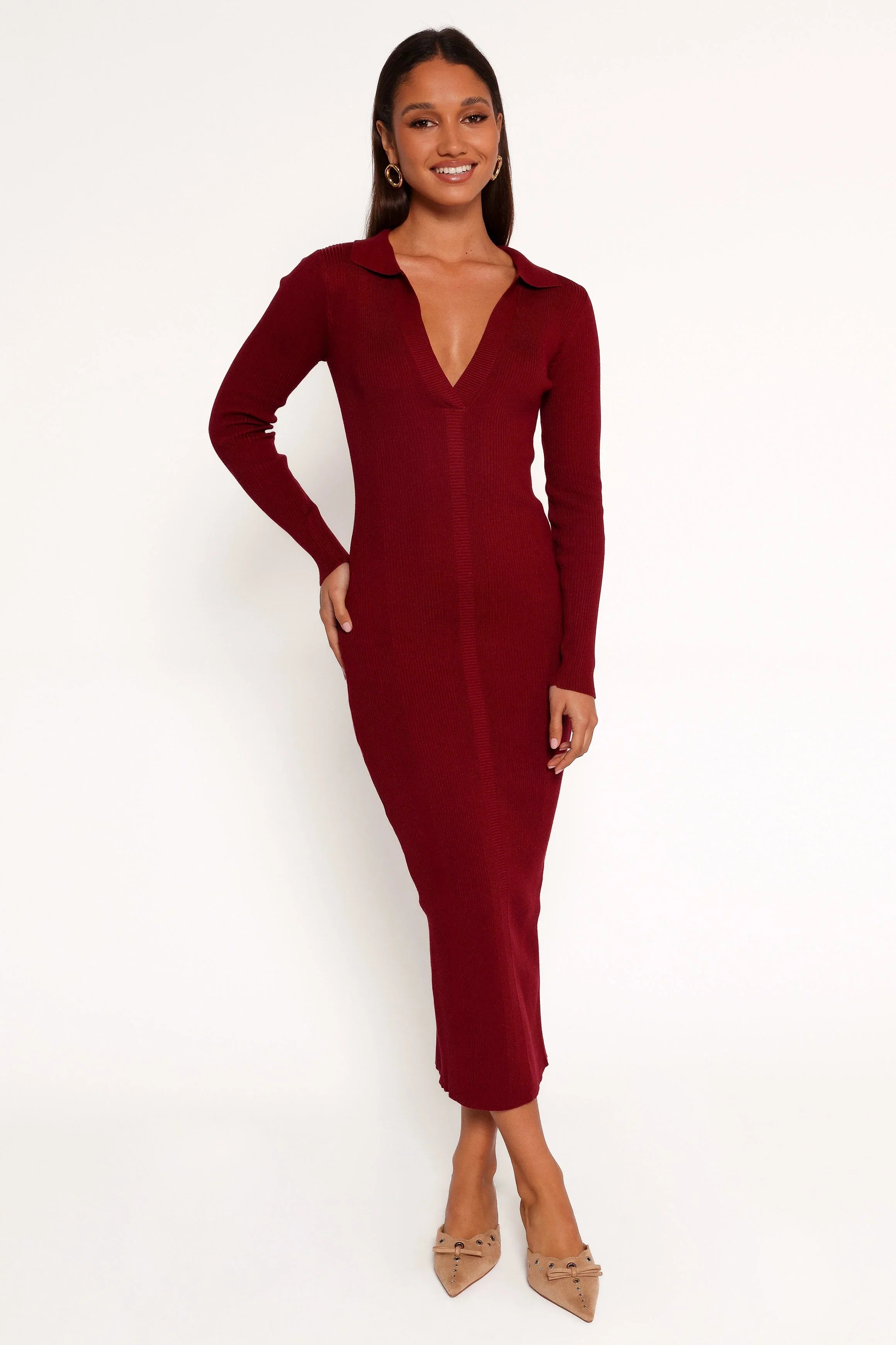 Collins Long Sleeve Midi Dress Wine