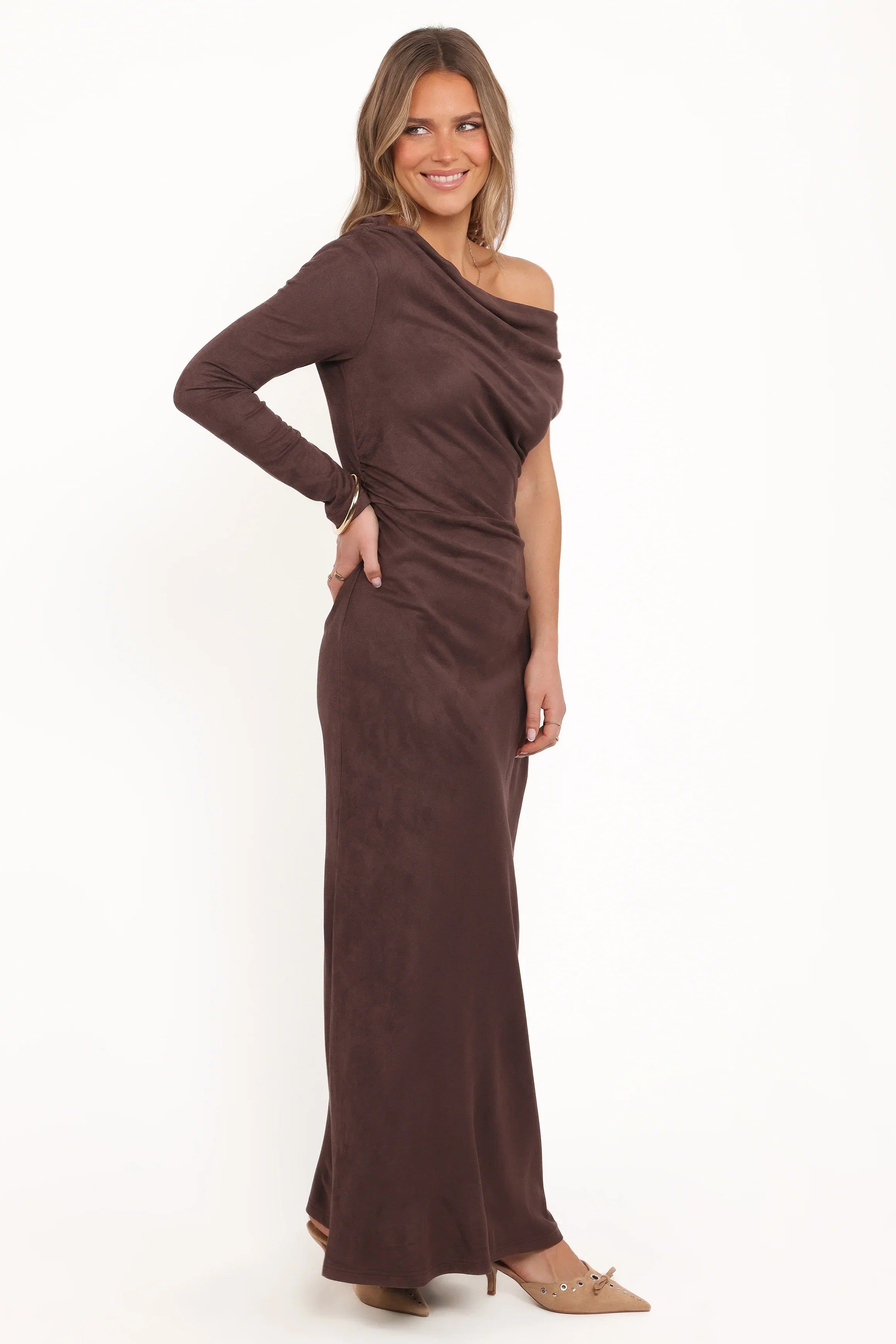 Olympia Off Shoulder Maxi Dress Chocolate