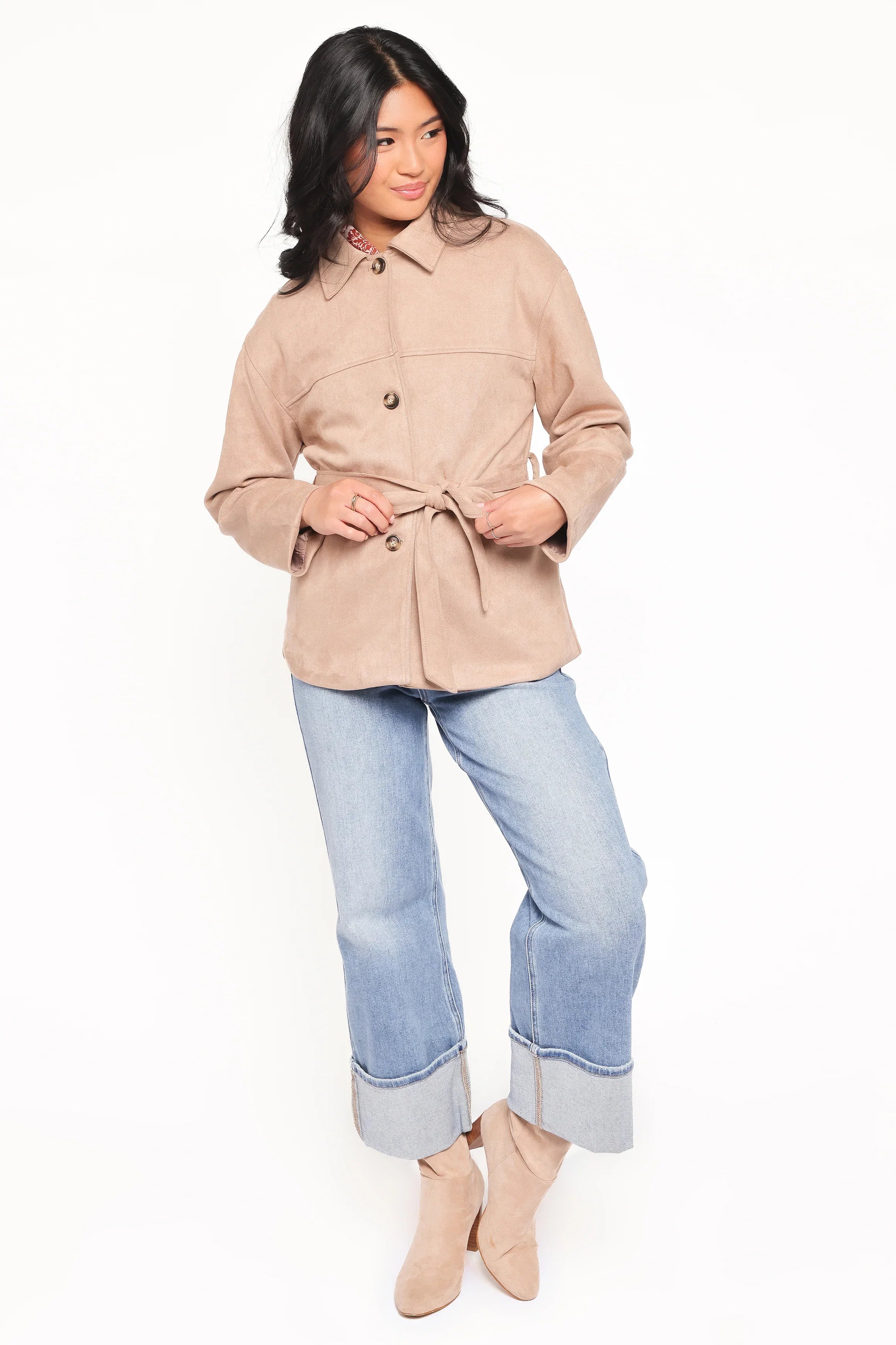 Nelly Faux Suede Cropped Trench Coat Mushroom