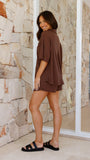 Machiko Button Up Shirt and Shorts Set Brown Waffle Knit
