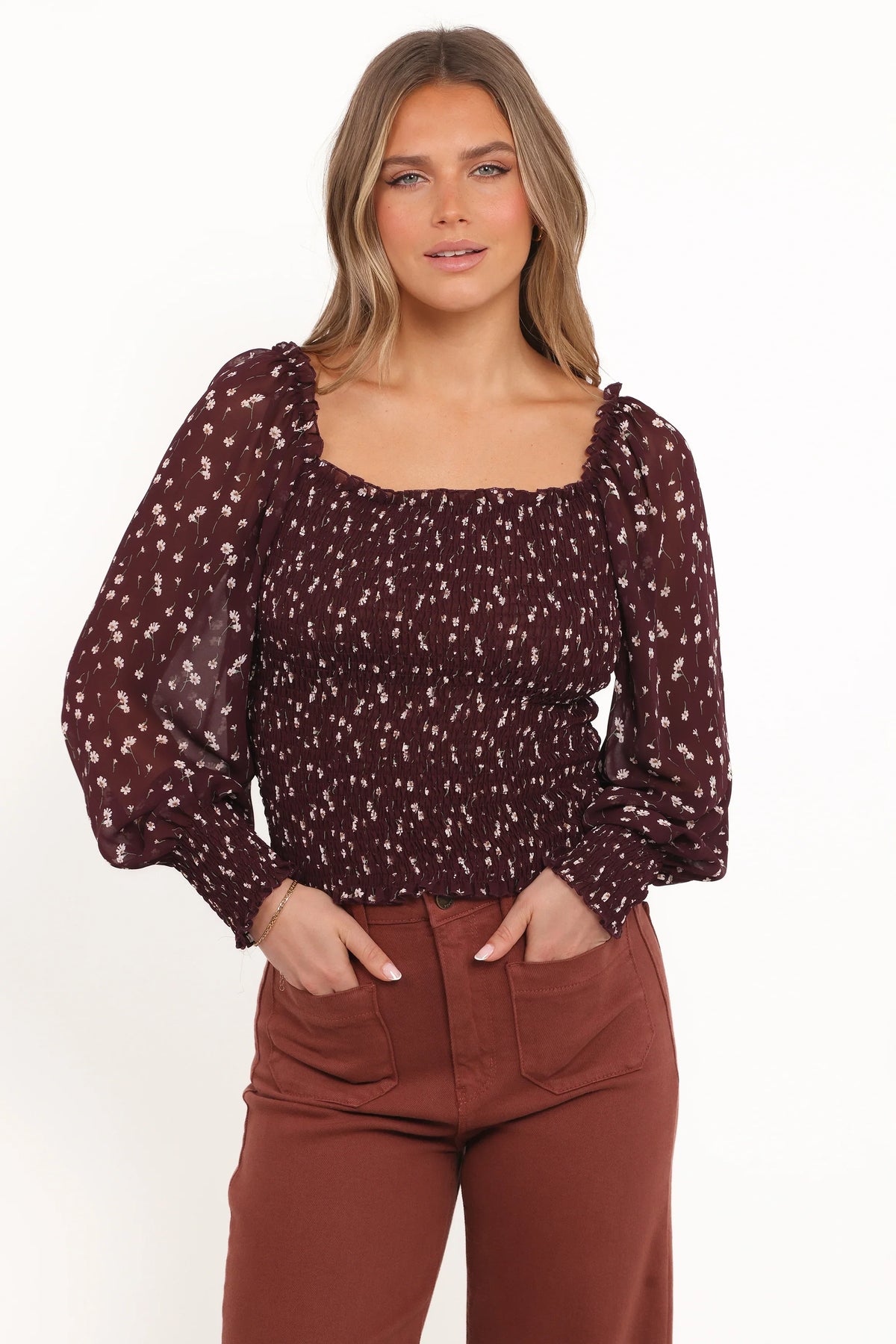 Greta Top Burgundy Floral