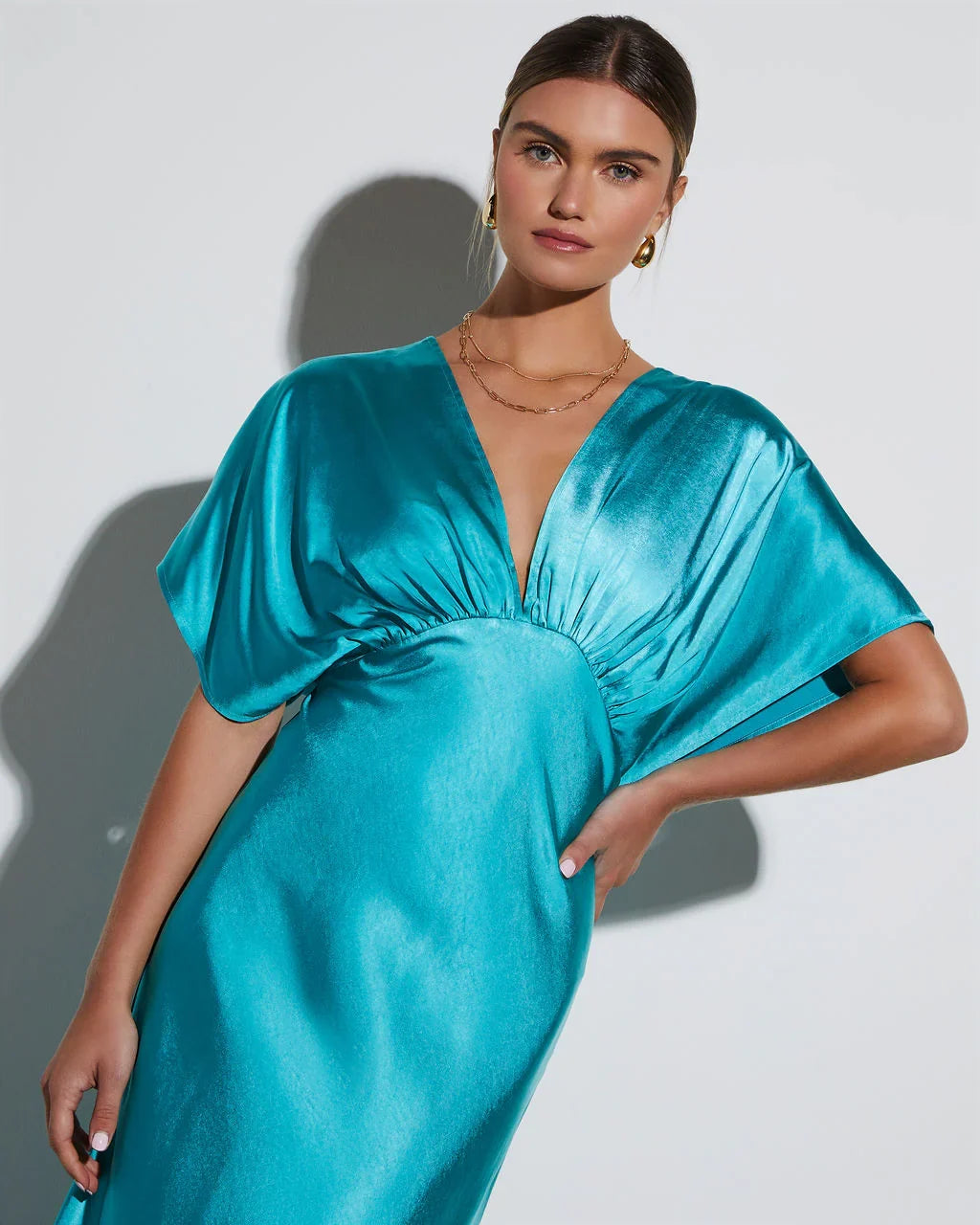 Theia Satin V Neck Maxi Dress