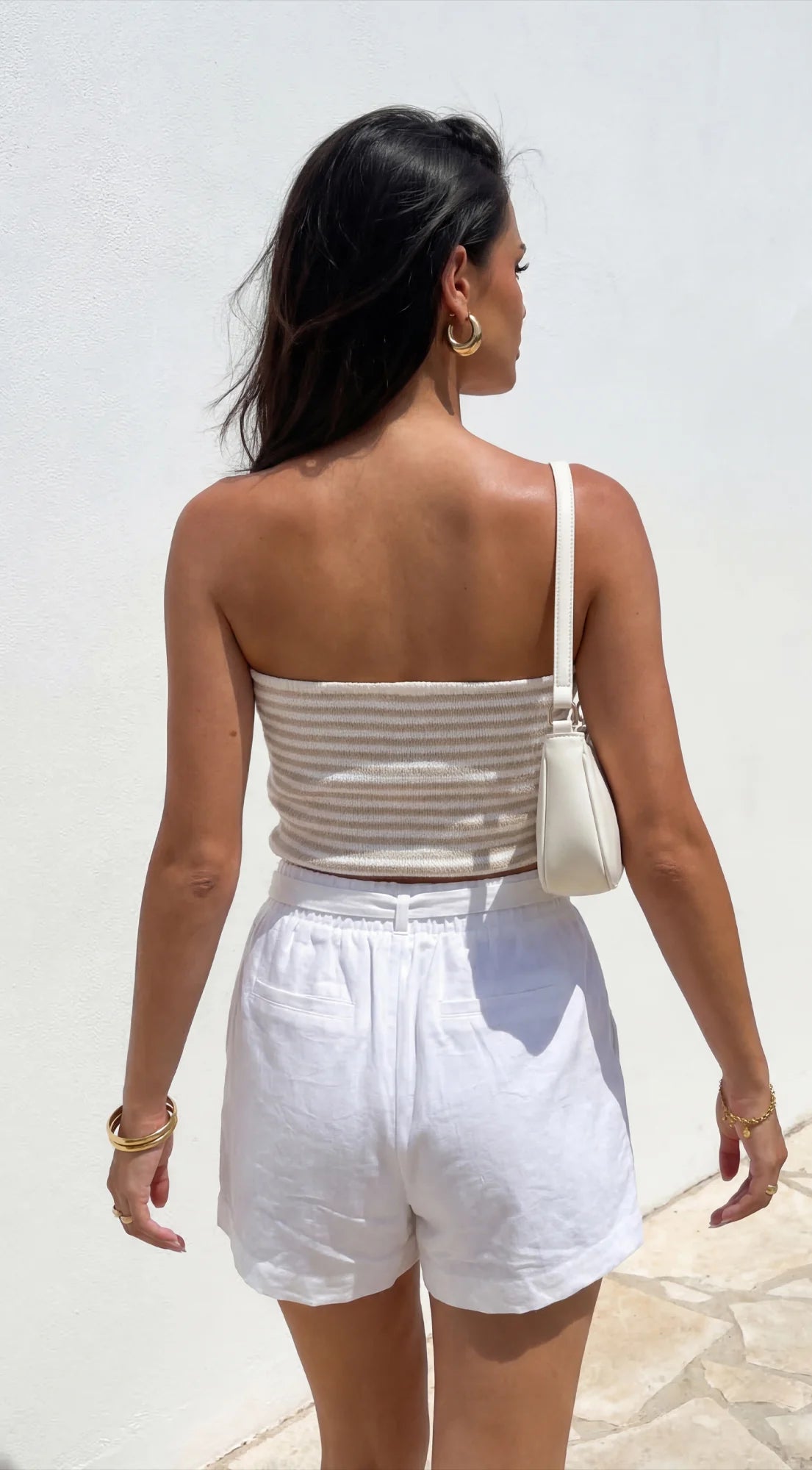 Riviera Stripe Button Tube Top Beige