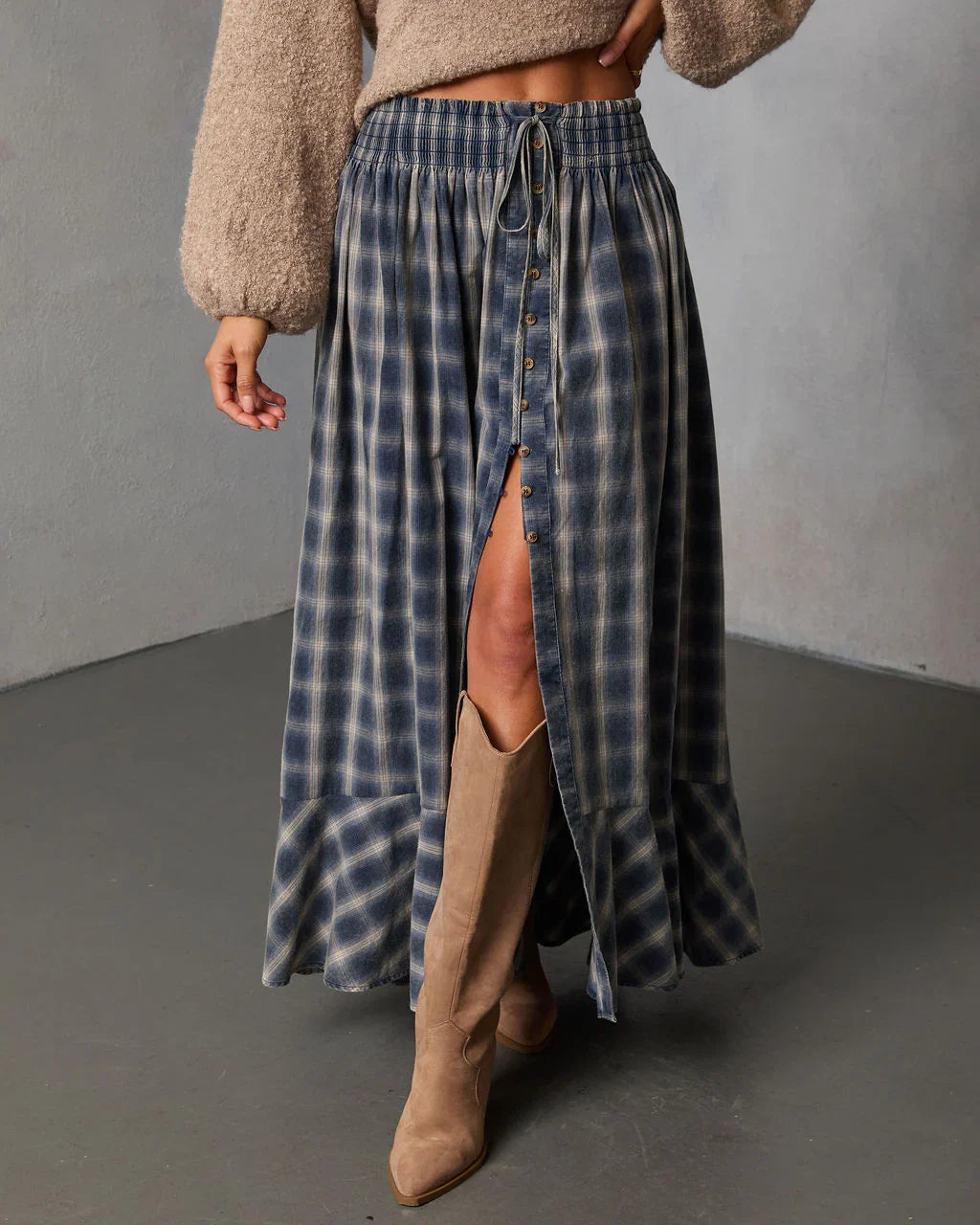 Gesibella Ruffle Hem Plaid Maxi Skirt