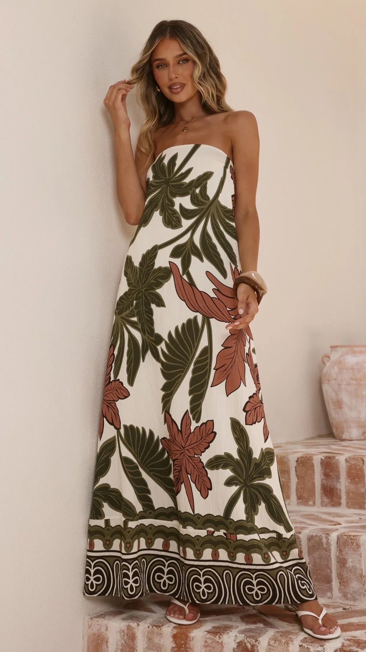 Connie Maxi Dress Green Beige Palm