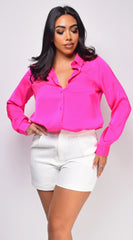 Braylee Satin Button Down Blouse Top Hot Pink