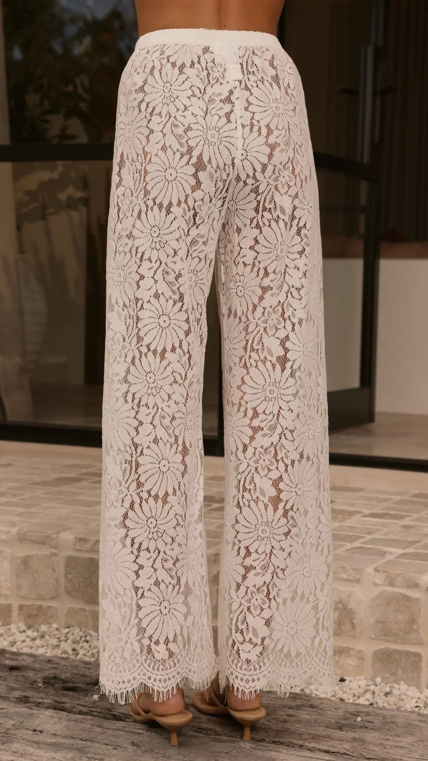 Ebony Asymmetrical Lace Top Pants Set White