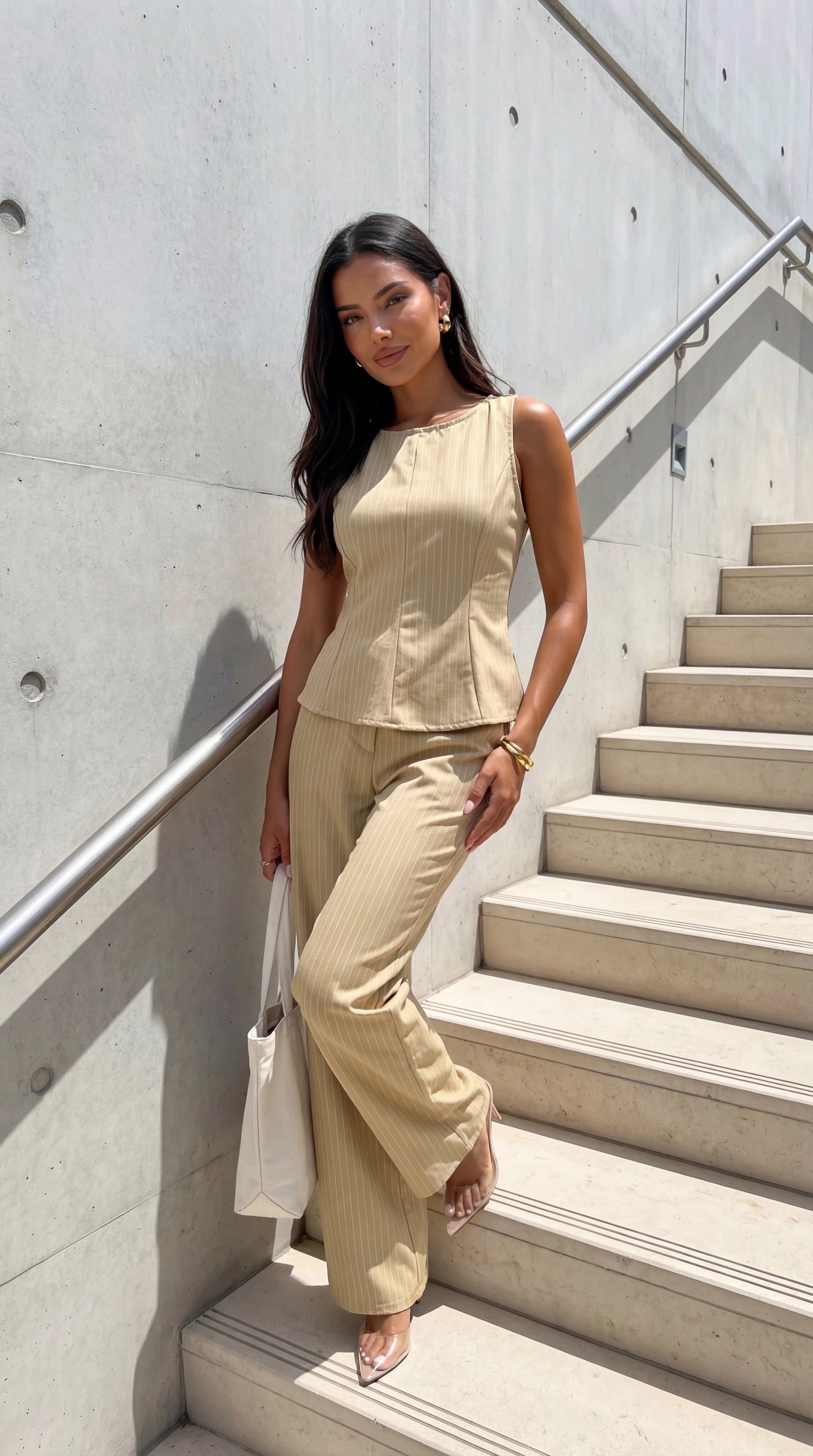Avelora Pinstripe Tailored Set Beige