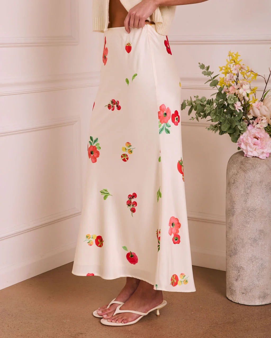 Soft Stem Fruit Floral Satin Maxi Skirt