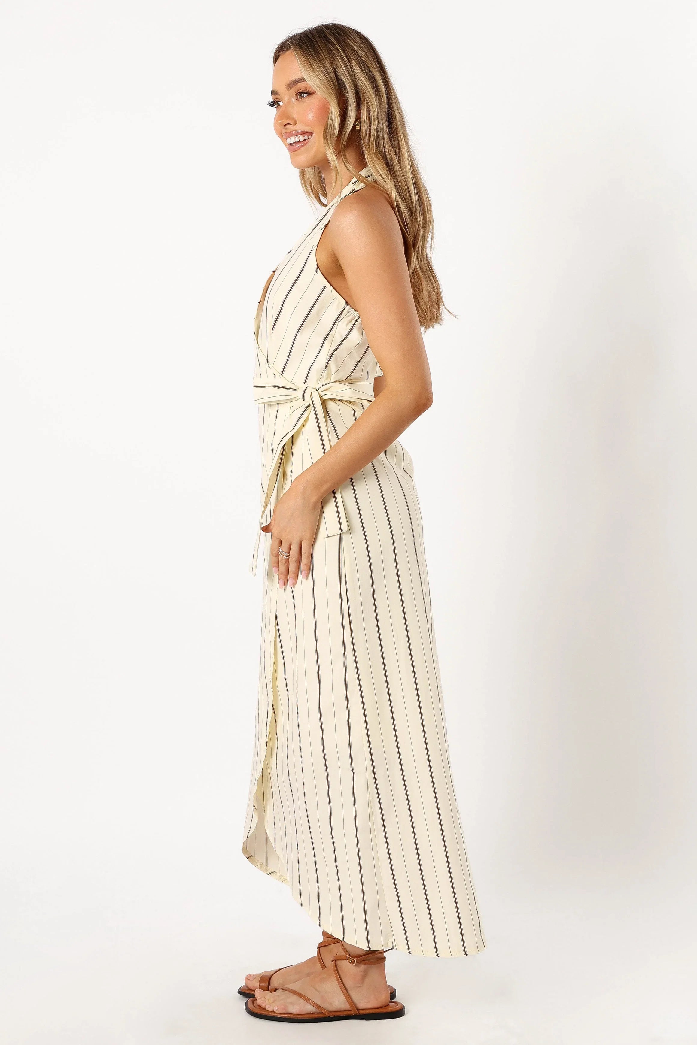 Abigail Wrap Midi Dress Beige Stripe