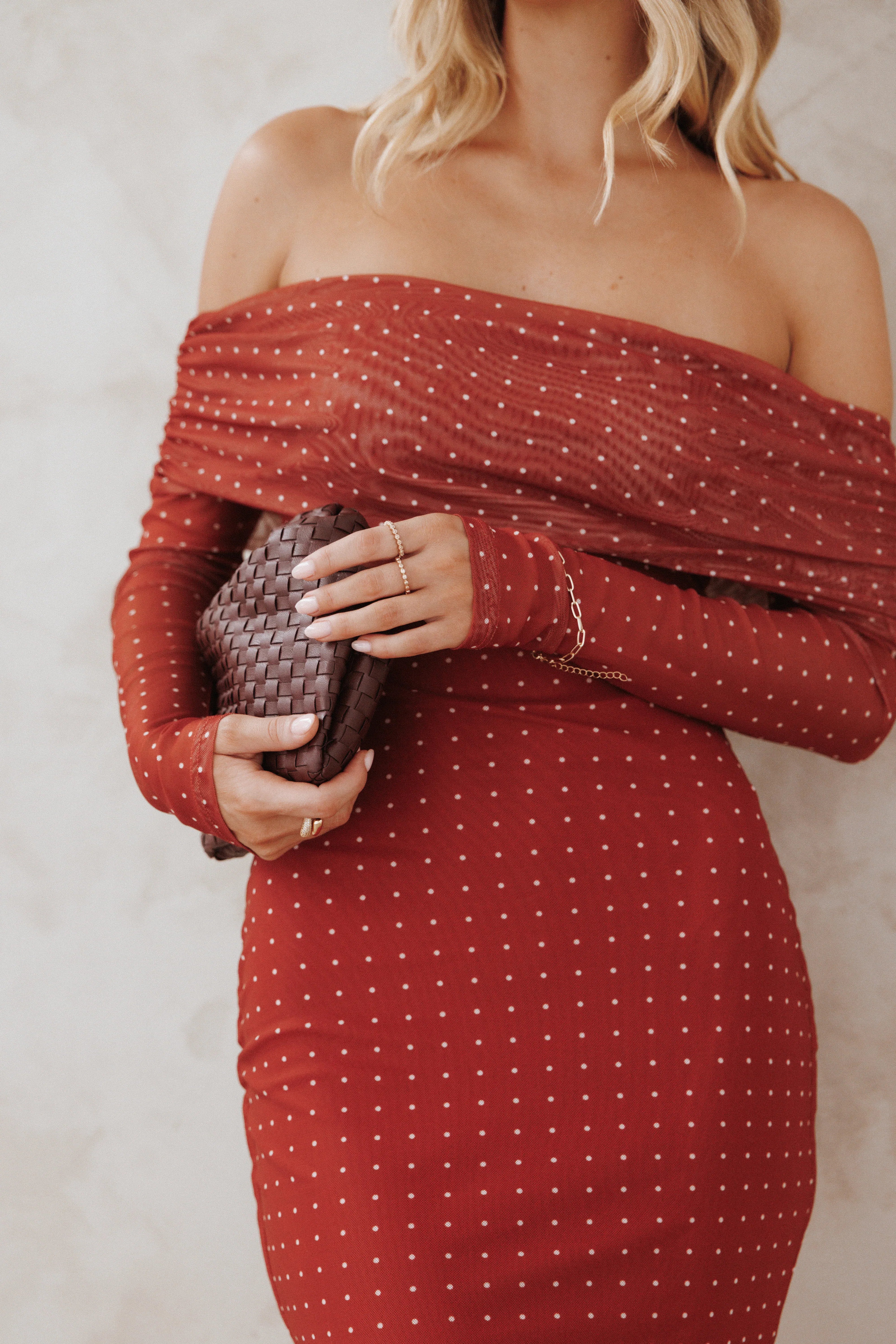 Zeva Off Shoulder Maxi Dress Burgundy Spot