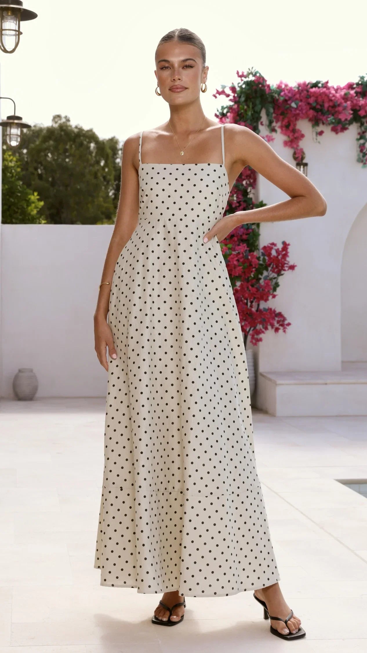 Nicole Spaghetti Strap Maxi Dress Beige Black Polka Dot