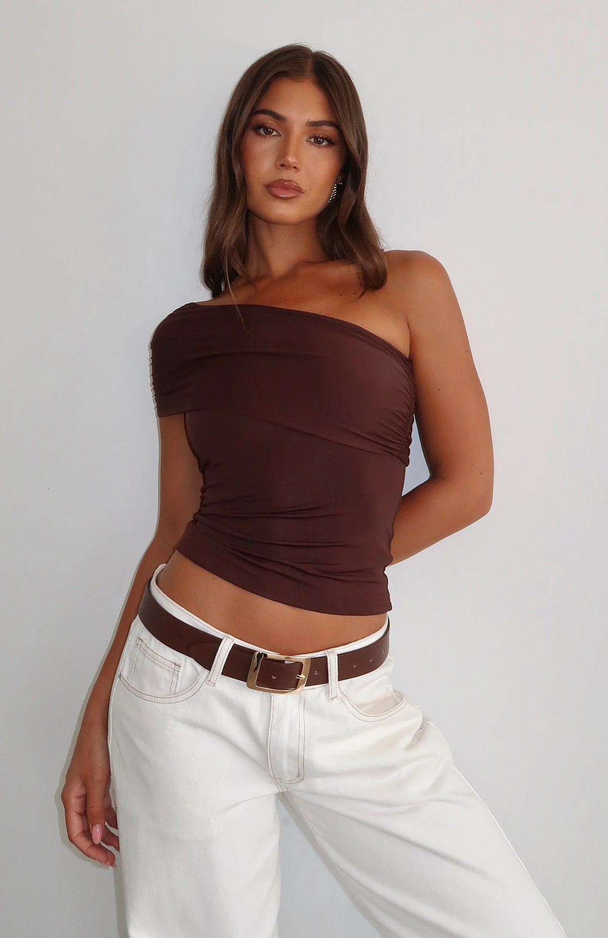 Dont Worry About It One Shoulder Top Chocolate