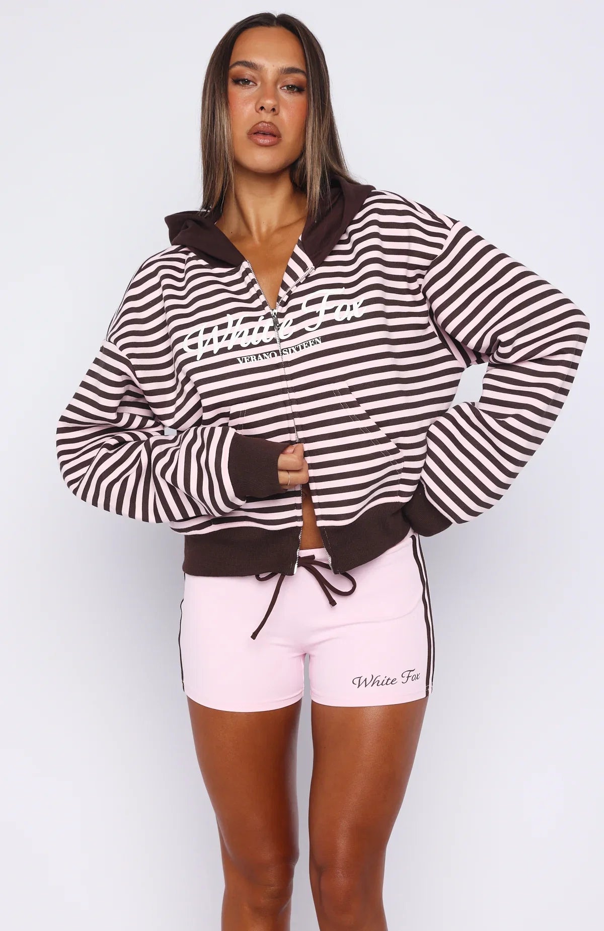 Verano Sixteen Maria Boxy Zip Front Hoodie Pink Choc Stripe