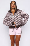 Verano Sixteen Maria Boxy Zip Front Hoodie Pink Choc Stripe