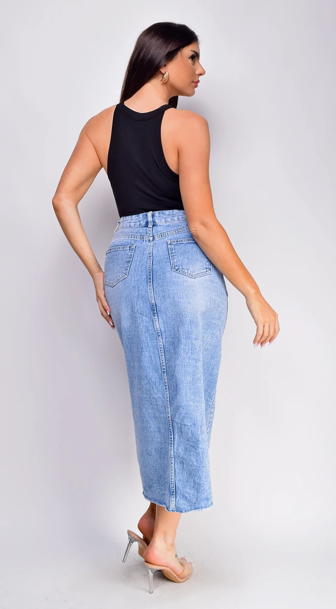 Frances High Rise Denim Midi Skirt Blue