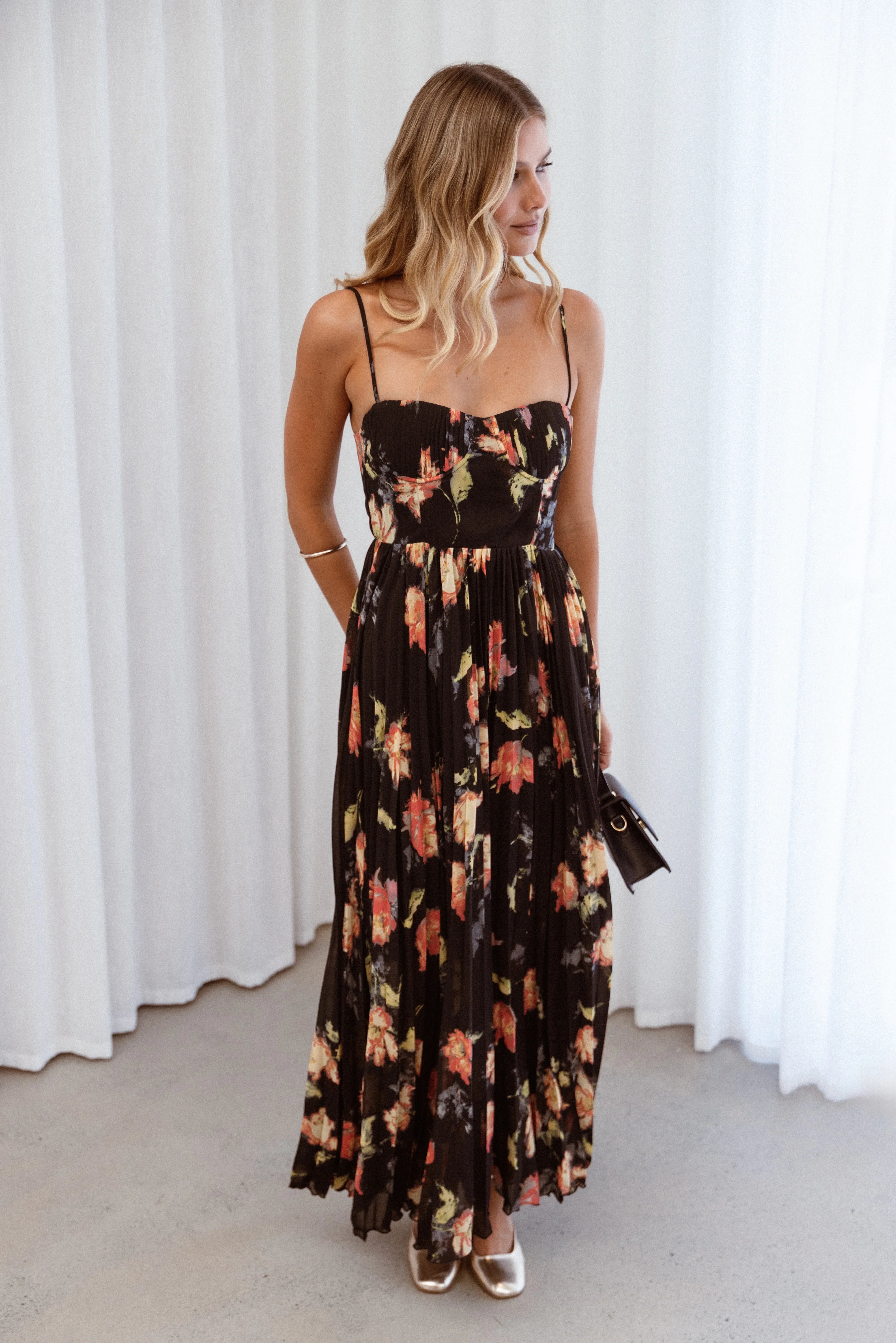 Achanti Pleated Maxi Dress Black Multi