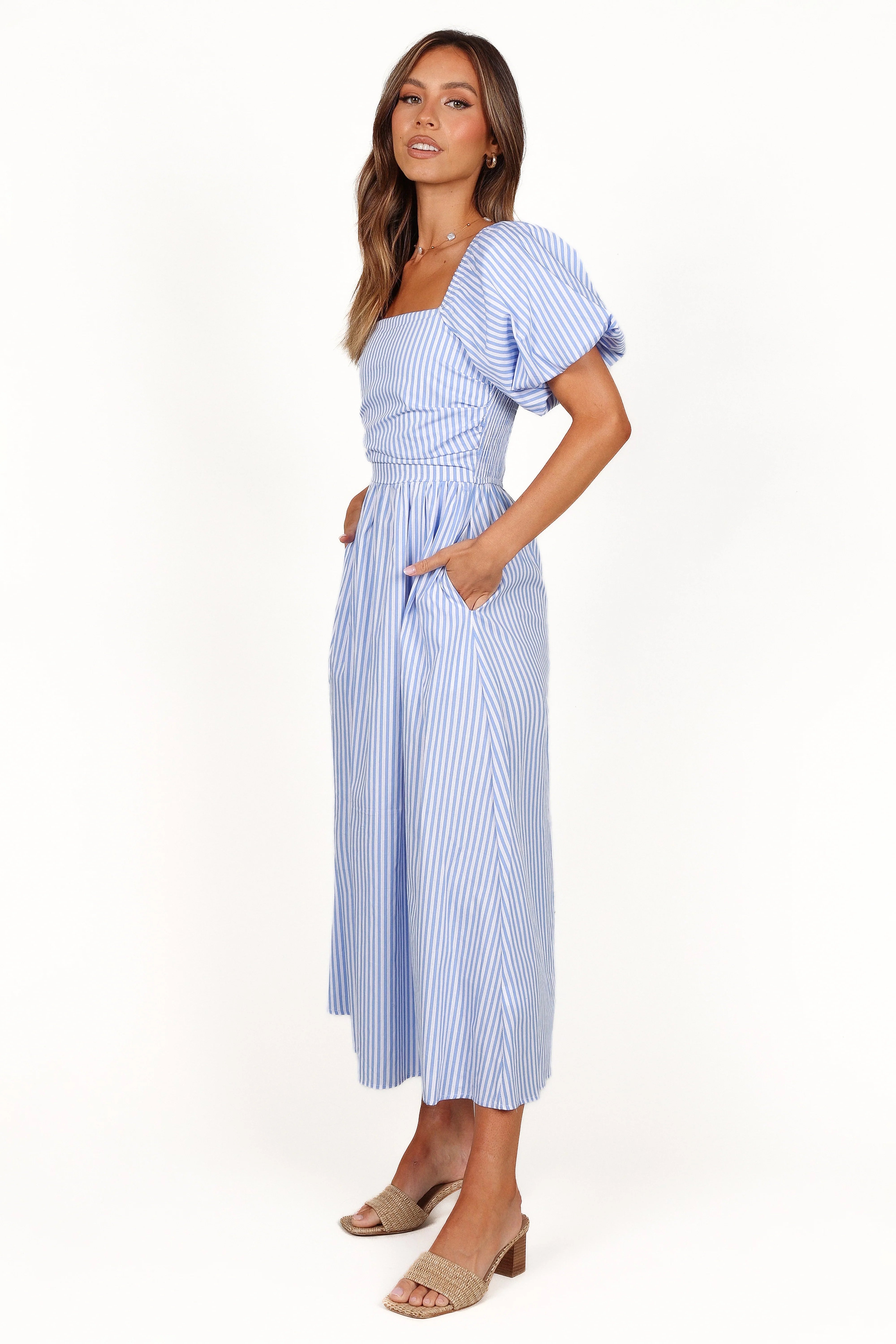 Clo Puff Sleeve Midi Dress Blue Stripe