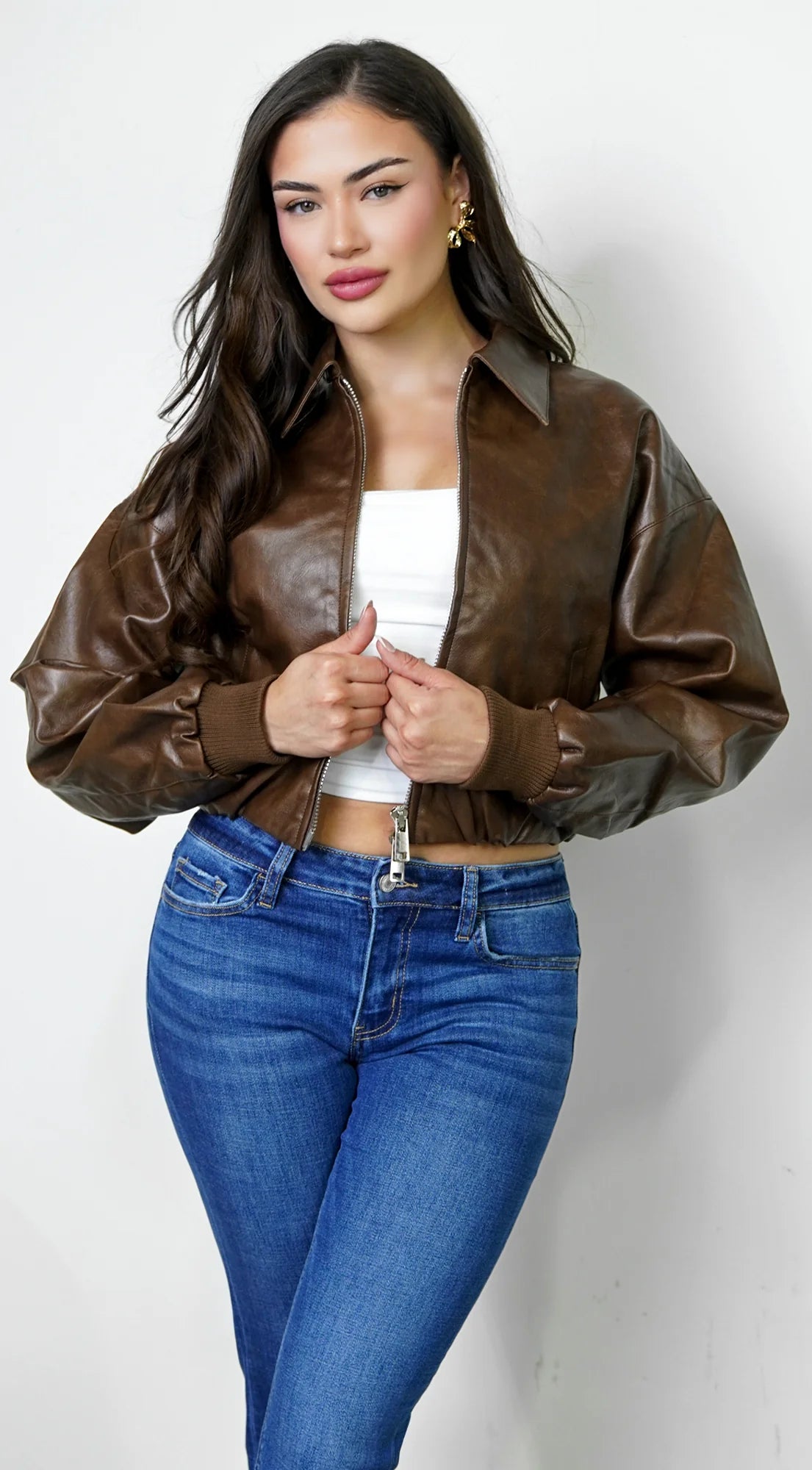 Nolair Bomber PU Leather Jacket Brown