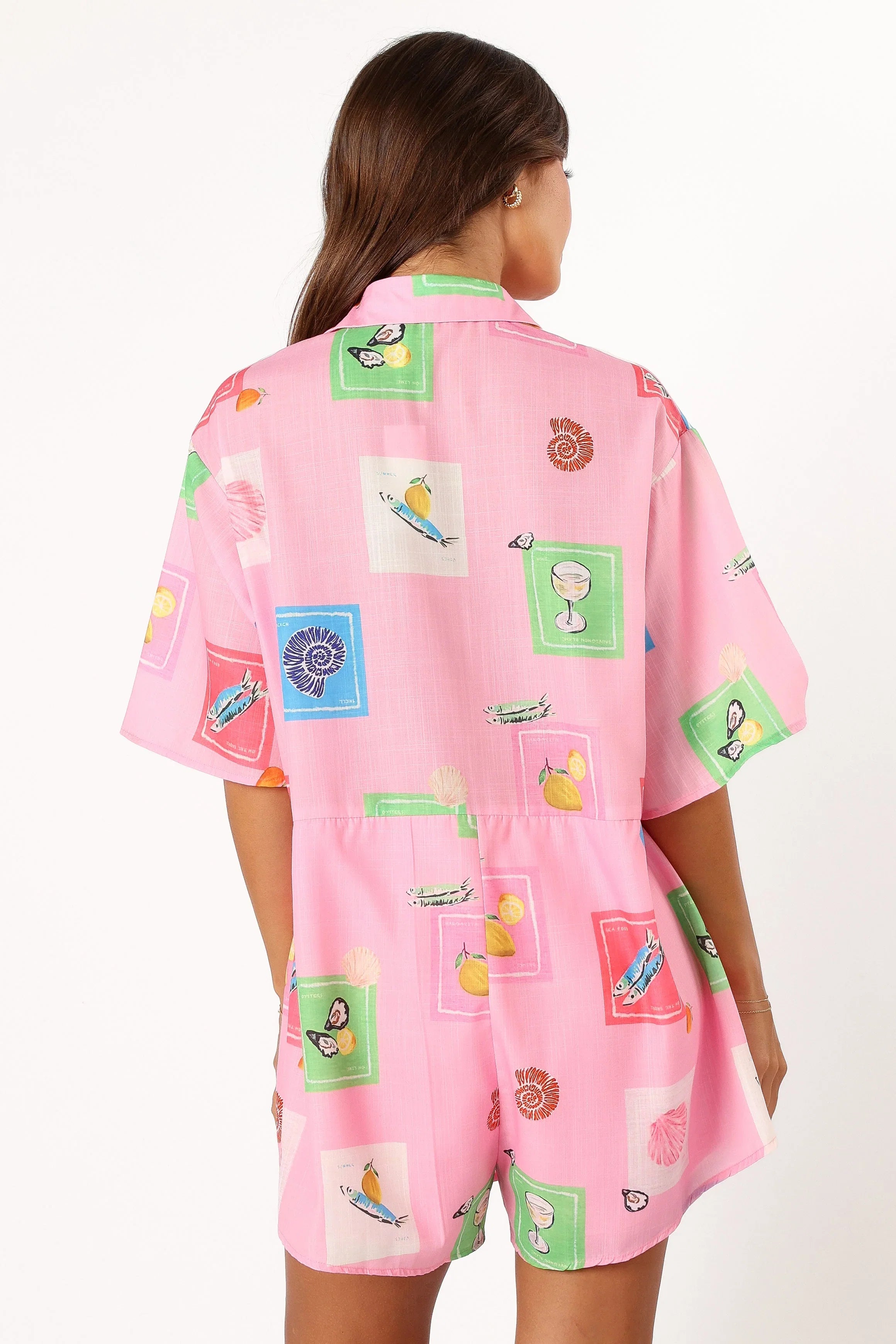 Kellie Romper Pink Stamp Print