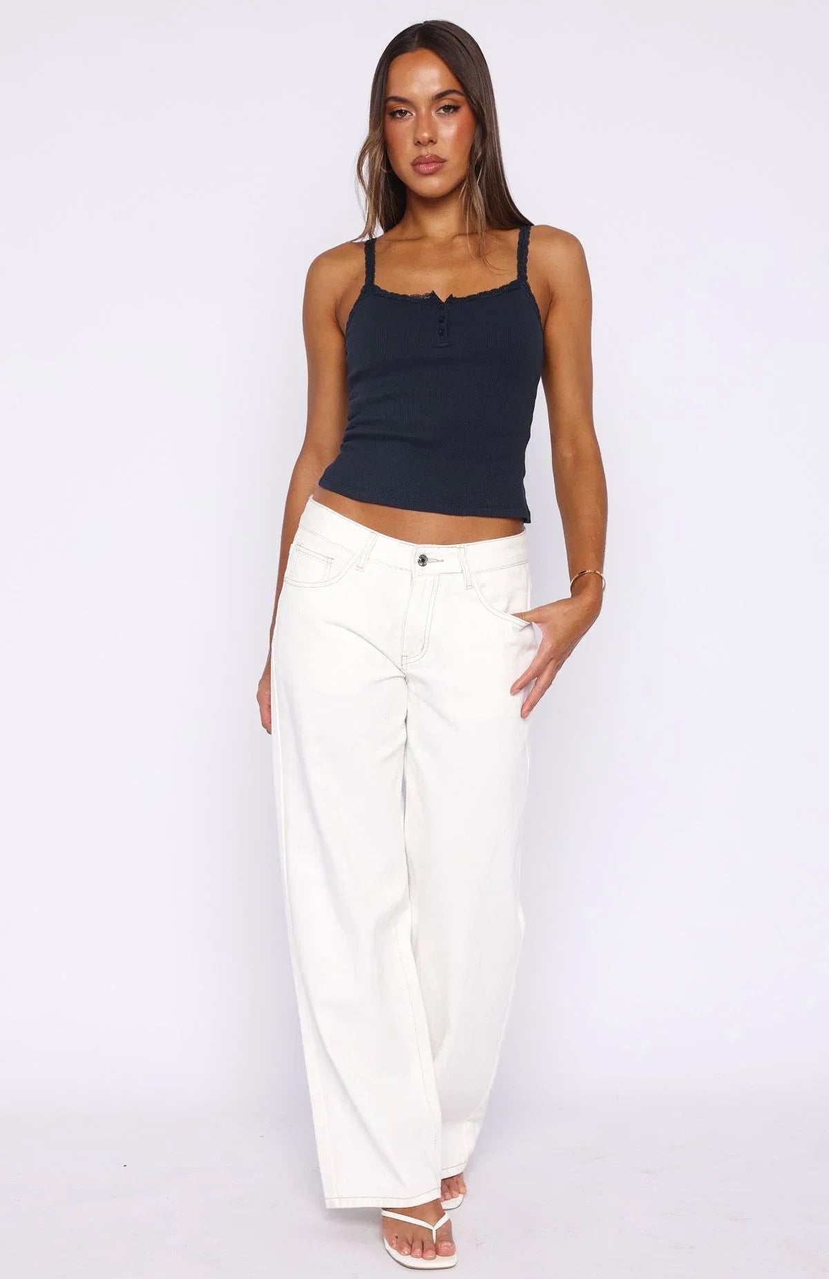 Holding On To You Lace Trim Top Navy
