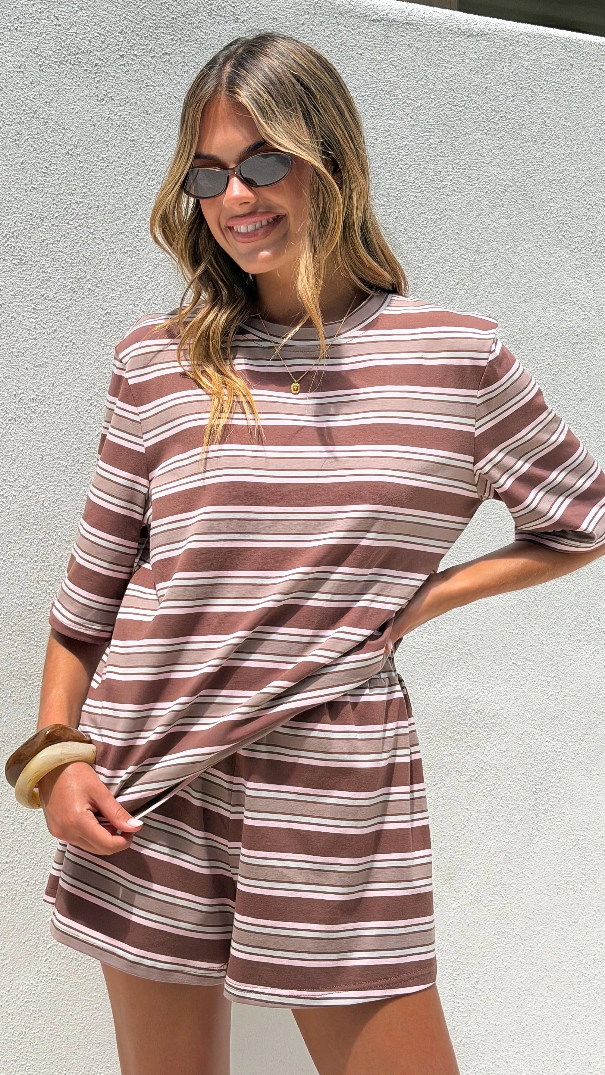 Stevie Crew Neck Tee Chocolate Beige Stripe